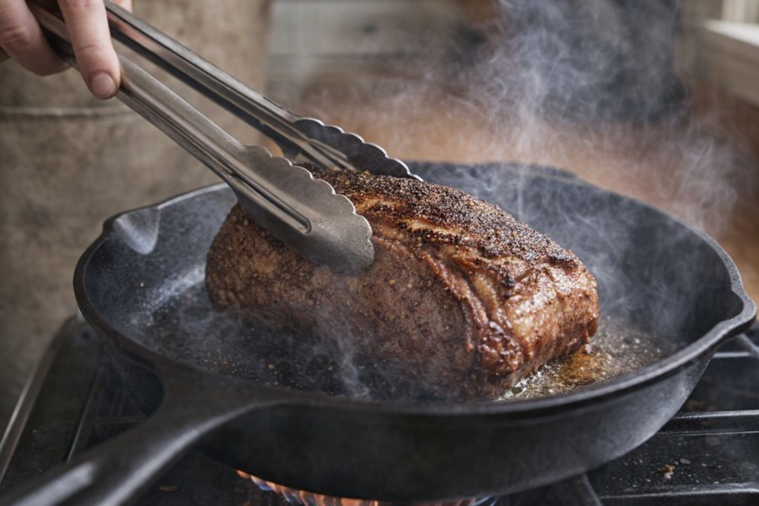 Tri-tip being seared in a cast iron skillet, smoke rising, tongs holding the meat, high heat, close up